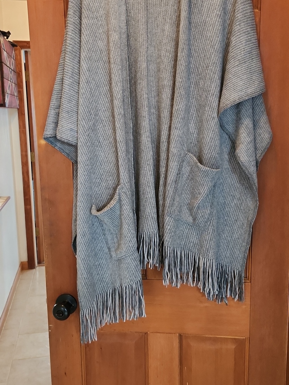 Fringe Shawl Open Front Sweater With Pockets - Picture 3 of 4